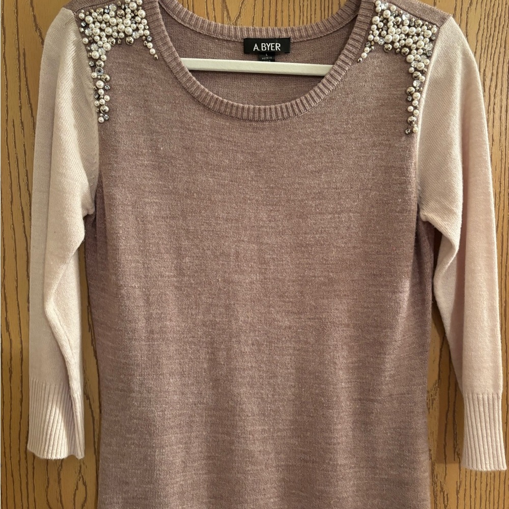 A. Byer Women's Sweater Dress with Pearl Accents - Brown and Cream - Picture 2 of 9